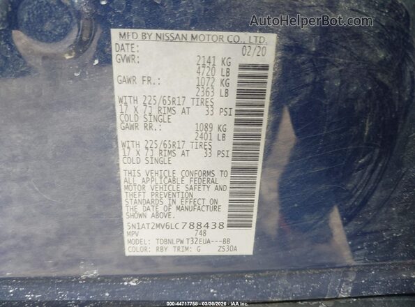 5N1AT2MV6LC788438 2020 NISSAN ROGUE Синий 