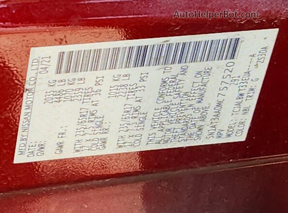 5N1AT3AA0MC757520 2021 NISSAN ROGUE Red VIN կոդի պիտակի տեսք