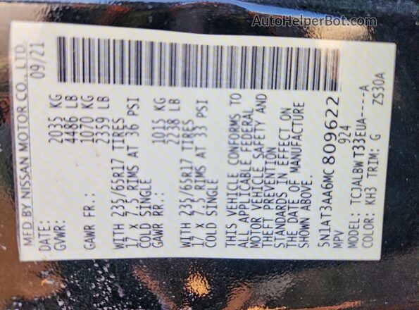 5N1AT3AA6MC809622 2021 NISSAN ROGUE Black 