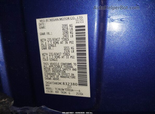 5N1AT3AB1MC832380 2021 NISSAN ROGUE Blue Widok komory silnika
