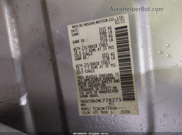 5N1AT3BA2MC728275 2021 NISSAN ROGUE Silver Widok komory silnika