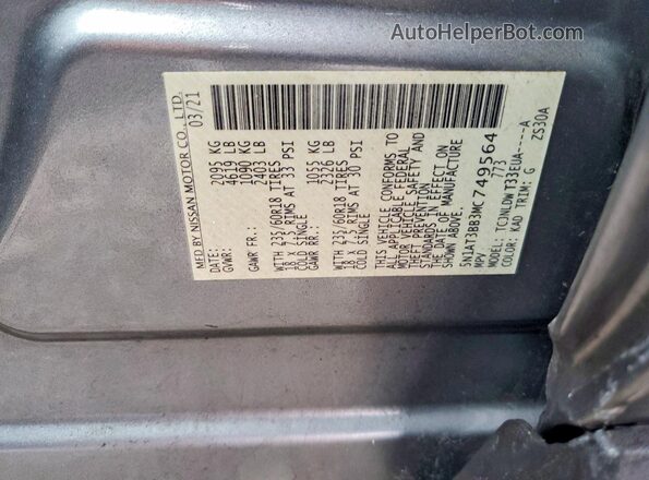 5N1AT3BB3MC749564 2021 NISSAN ROGUE Gray VIN კოდის სტიკერის ხედი