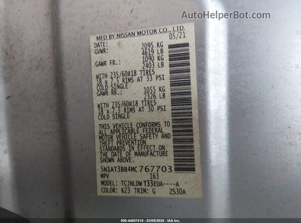 5N1AT3BB4MC767703 2021 NISSAN ROGUE Silver Vista del compartimento del motor