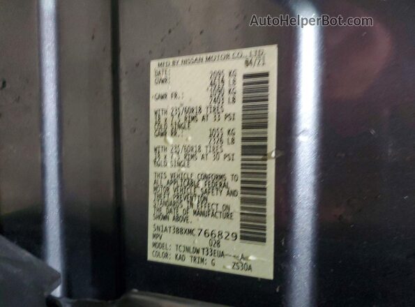 5N1AT3BBXMC766829 2021 NISSAN ROGUE Gray VIN კოდის სტიკერის ხედი