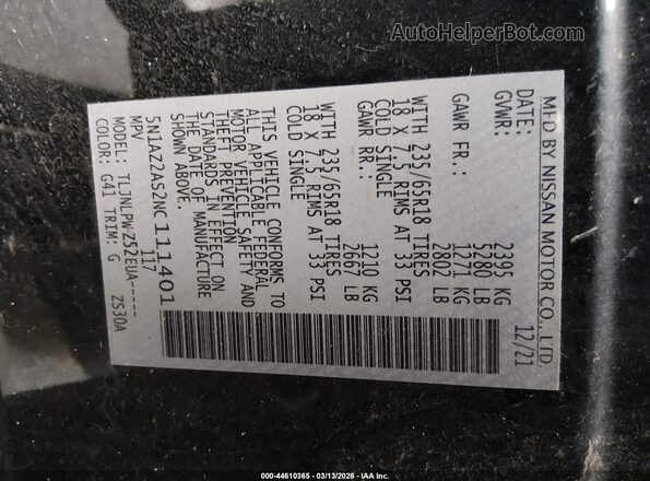5N1AZ2AS2NC111401 2022 NISSAN MURANO Black 