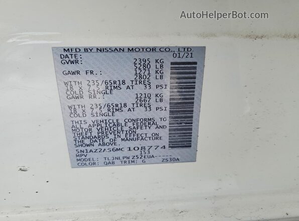5N1AZ2AS6MC108774 2021 NISSAN MURANO White VIN კოდის სტიკერის ხედი