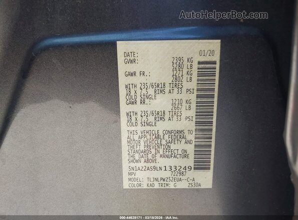 5N1AZ2AS9LN133249 2020 NISSAN MURANO Gray Rear seats view