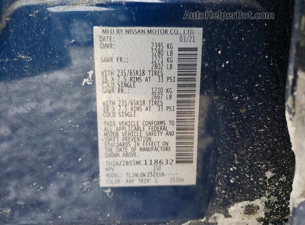 5N1AZ2BS5MC118632 2021 NISSAN MURANO Синий Вид наклейки с VIN-кодом