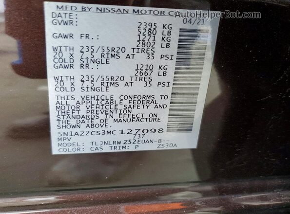 5N1AZ2CS3MC127098 2021 NISSAN MURANO Burgundy Vista del compartimento del motor