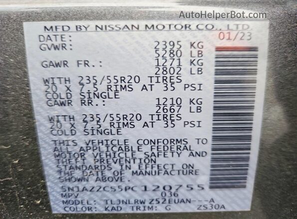 5N1AZ2CS5PC120755 2023 NISSAN MURANO Серый Вид наклейки с VIN-кодом