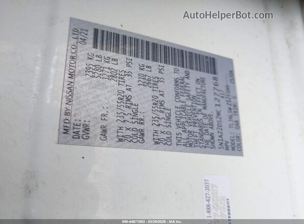 5N1AZ2DS2MC127768 2021 NISSAN MURANO White Widok komory silnika