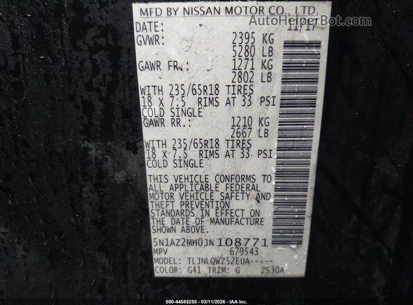 5N1AZ2MH0JN108771 2018 NISSAN MURANO Black ძრავის განყოფილების ხედი