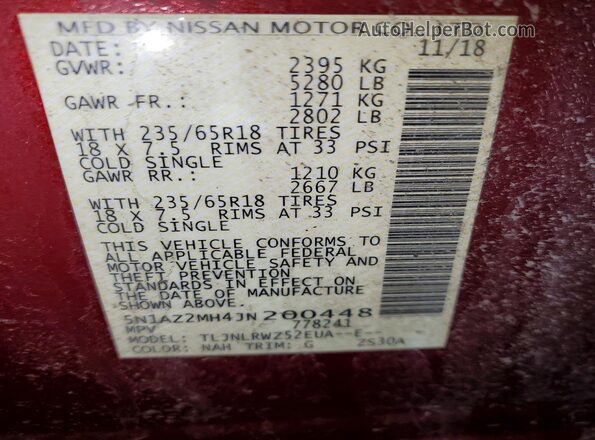 5N1AZ2MH4JN200448 2018 NISSAN MURANO Red Vista de la etiqueta del VIN