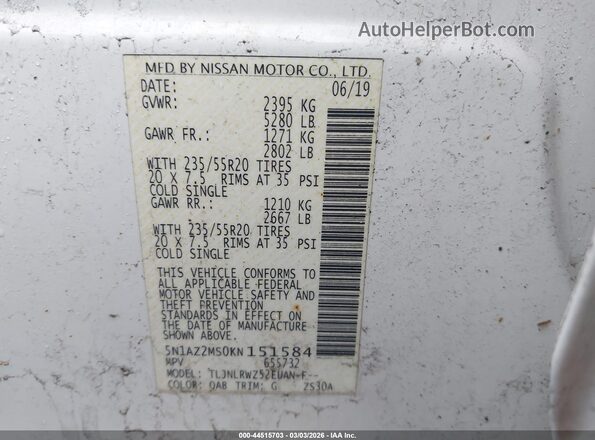5N1AZ2MS0KN151584 2019 NISSAN MURANO White 