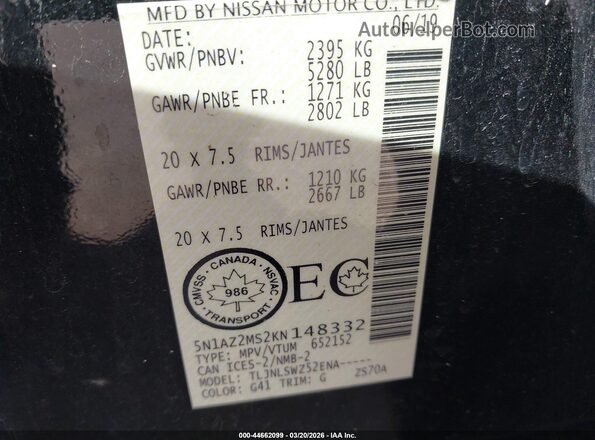 5N1AZ2MS2KN148332 2019 NISSAN MURANO Black Շարժիչի բաժամունքի տեսք