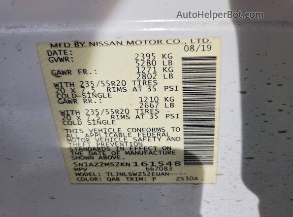 5N1AZ2MS2KN161548 2019 NISSAN MURANO White 