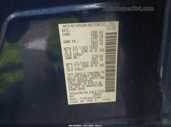 5N1AZ2MS7KN101720 2019 NISSAN MURANO Blue ძრავის განყოფილების ხედი