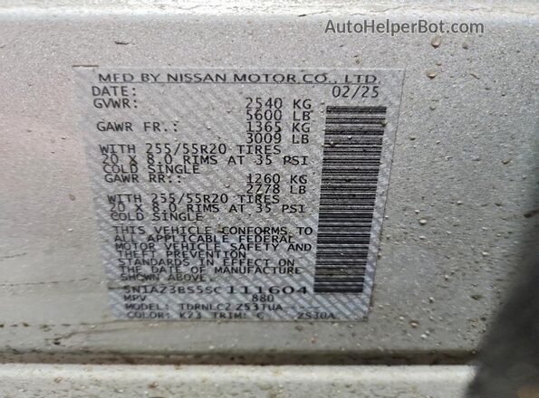 5N1AZ3BS5SC111604 2025 NISSAN MURANO Silver Widok naklejki z numerem VIN