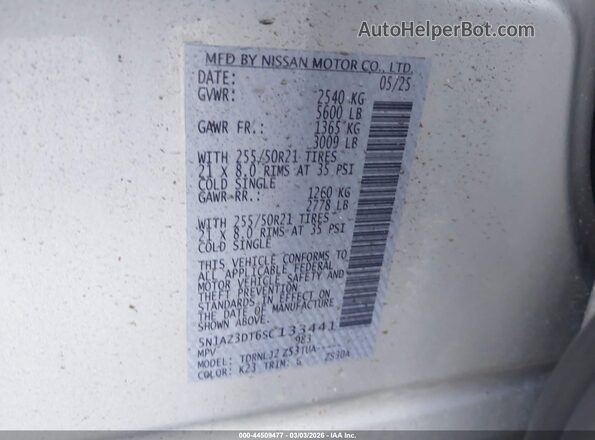 5N1AZ3DT6SC133441 2025 NISSAN MURANO Silver Widok komory silnika
