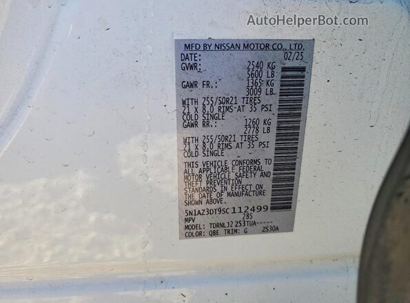 5N1AZ3DT9SC112499 2025 NISSAN MURANO White Vista de la etiqueta del VIN