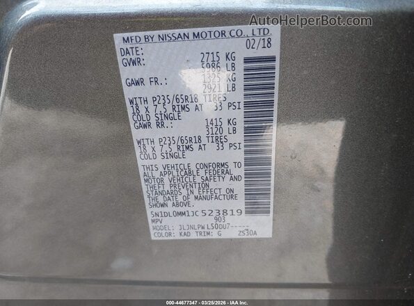 5N1DL0MM1JC523819 2018 INFINITI QX60 Gray Engine compartment view