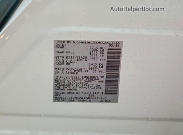 5N1DL0MM1KC501823 2019 INFINITI QX60 White VIN կոդի պիտակի տեսք