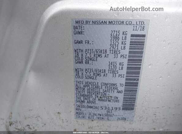 5N1DL0MM1KC531193 2019 INFINITI QX60 Silver Widok komory silnika