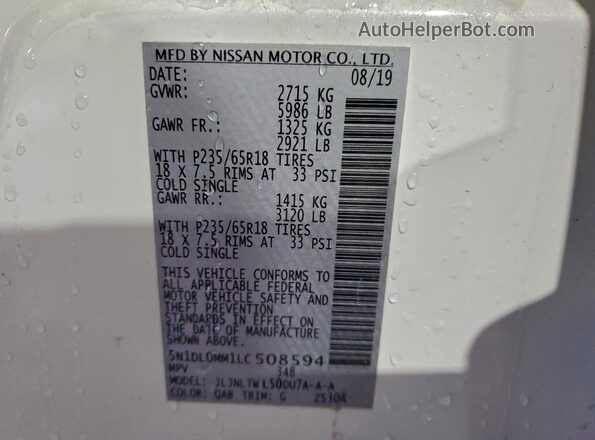5N1DL0MM1LC508594 2020 INFINITI QX60 White VIN კოდის სტიკერის ხედი