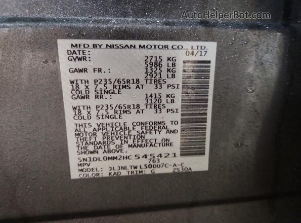 5N1DL0MM2HC545421 2017 INFINITI QX60 Gray Вид наклейки з VIN-кодом