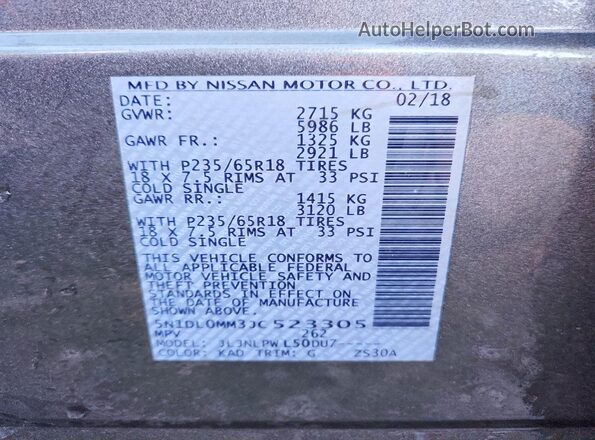 5N1DL0MM3JC523305 2018 INFINITI QX60 Gray VIN կոդի պիտակի տեսք