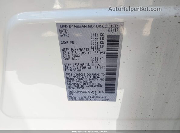 5N1DL0MMXHC529306 2017 INFINITI QX60 White Շարժիչի բաժամունքի տեսք