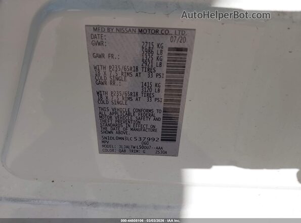 5N1DL0MN3LC537992 2020 INFINITI QX60 White Vista del compartimento del motor