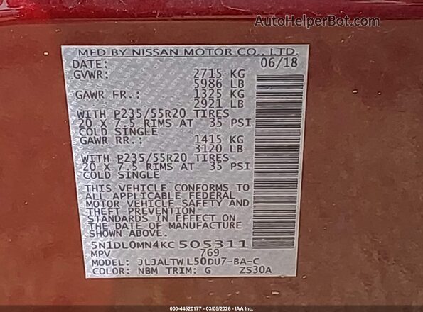 5N1DL0MN4KC505311 2019 INFINITI QX60 Maroon ძრავის განყოფილების ხედი