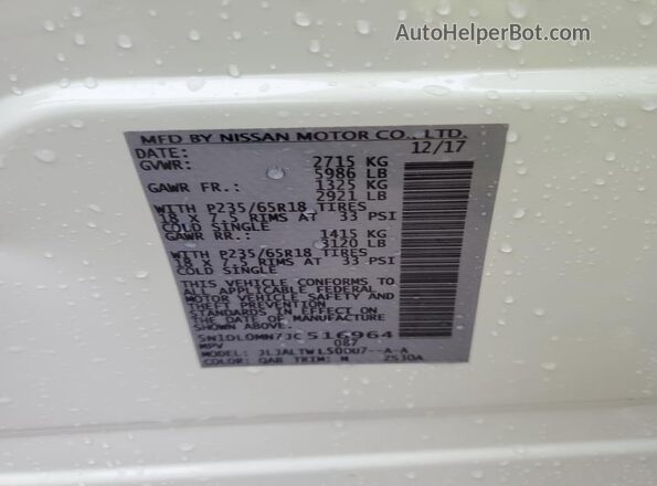 5N1DL0MN7JC516964 2018 INFINITI QX60 White VIN կոդի պիտակի տեսք