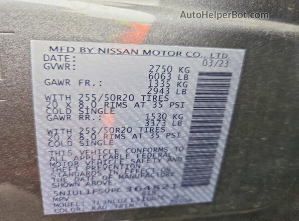5N1DL1FS0PC364821 2023 INFINITI QX60 Gray VIN კოდის სტიკერის ხედი