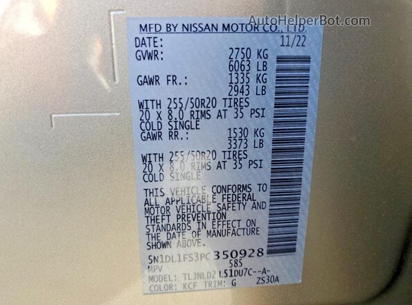 5N1DL1FS3PC350928 2023 INFINITI QX60 Gold VIN კოდის სტიკერის ხედი
