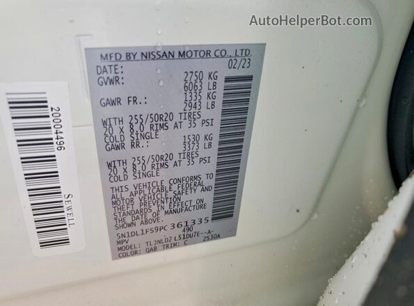 5N1DL1FS9PC361335 2023 INFINITI QX60 Cream Vista de la etiqueta del VIN