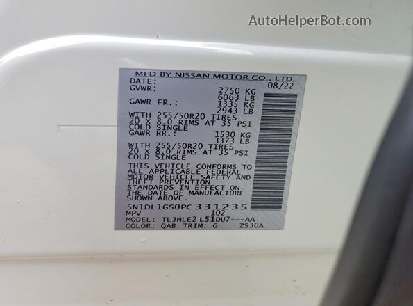 5N1DL1GS0PC331235 2023 INFINITI QX60 White VIN sticker view