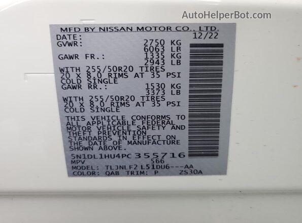 5N1DL1HU4PC355716 2023 INFINITI QX60 White Вид наклейки з VIN-кодом
