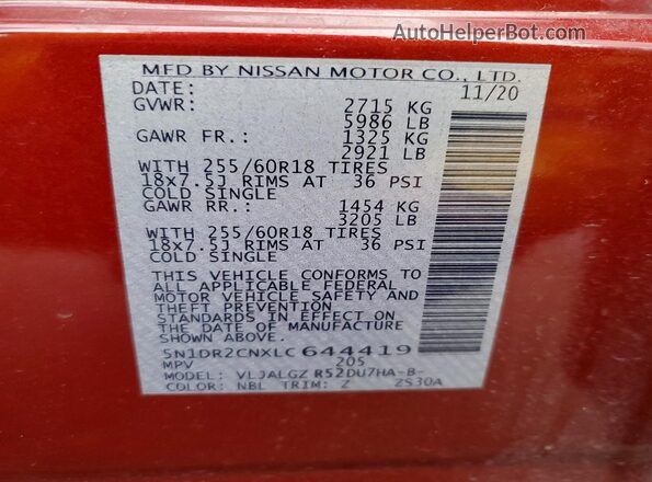 5N1DR2CNXLC644419 2020 NISSAN PATHFINDER Red 