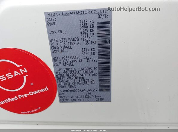 5N1DR2MM0JC643427 2018 NISSAN PATHFINDER White Vista del compartimento del motor