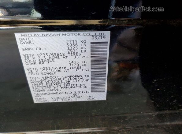 5N1DR2MM0KC621266 2019 NISSAN PATHFINDER Black 