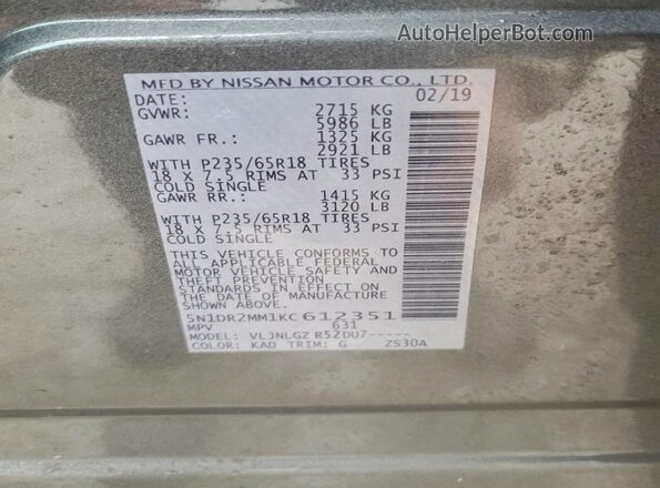 5N1DR2MM1KC612351 2019 NISSAN PATHFINDER Gray 
