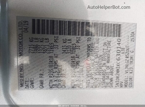 5N1DR2MM1KC630140 2019 NISSAN PATHFINDER Silver 