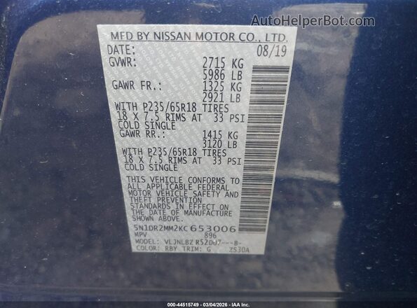 5N1DR2MM2KC653006 2019 NISSAN PATHFINDER Blue Շարժիչի բաժամունքի տեսք