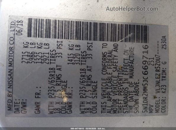 5N1DR2MM5JC669716 2018 NISSAN PATHFINDER Silver Вид підкапотного простору