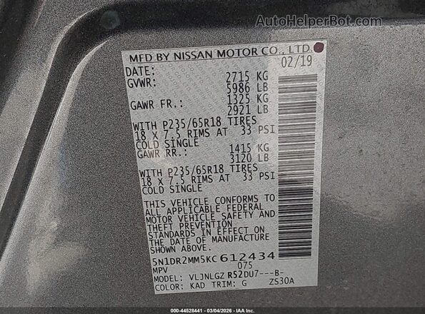 5N1DR2MM5KC612434 2019 NISSAN PATHFINDER Серый 