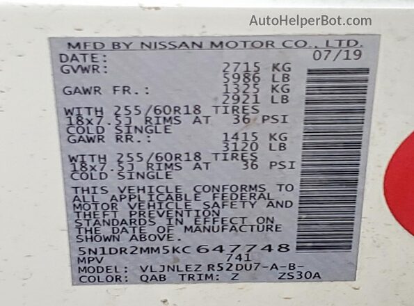 5N1DR2MM5KC647748 2019 NISSAN PATHFINDER White 