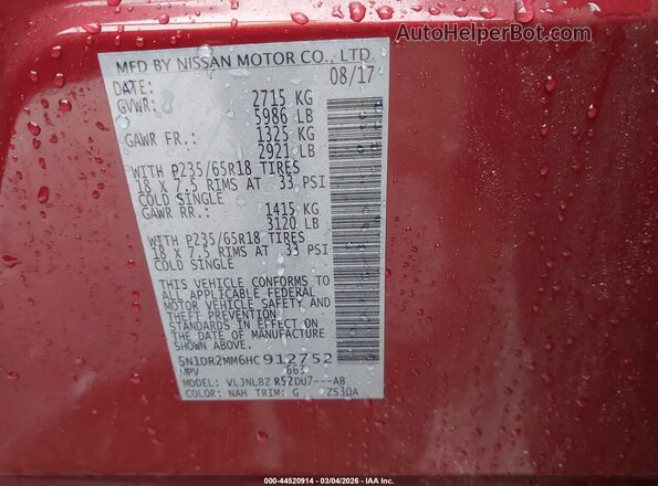 5N1DR2MM6HC912752 2017 NISSAN PATHFINDER Red Widok komory silnika
