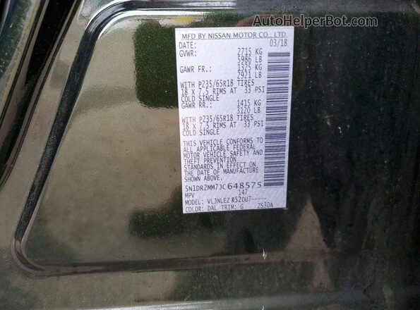5N1DR2MM7JC648575 2018 NISSAN PATHFINDER Green VIN sticker view